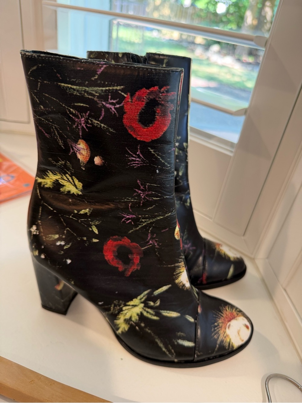 Matisse Black Floral Print Ankle Boots with Red and Yellow Accents